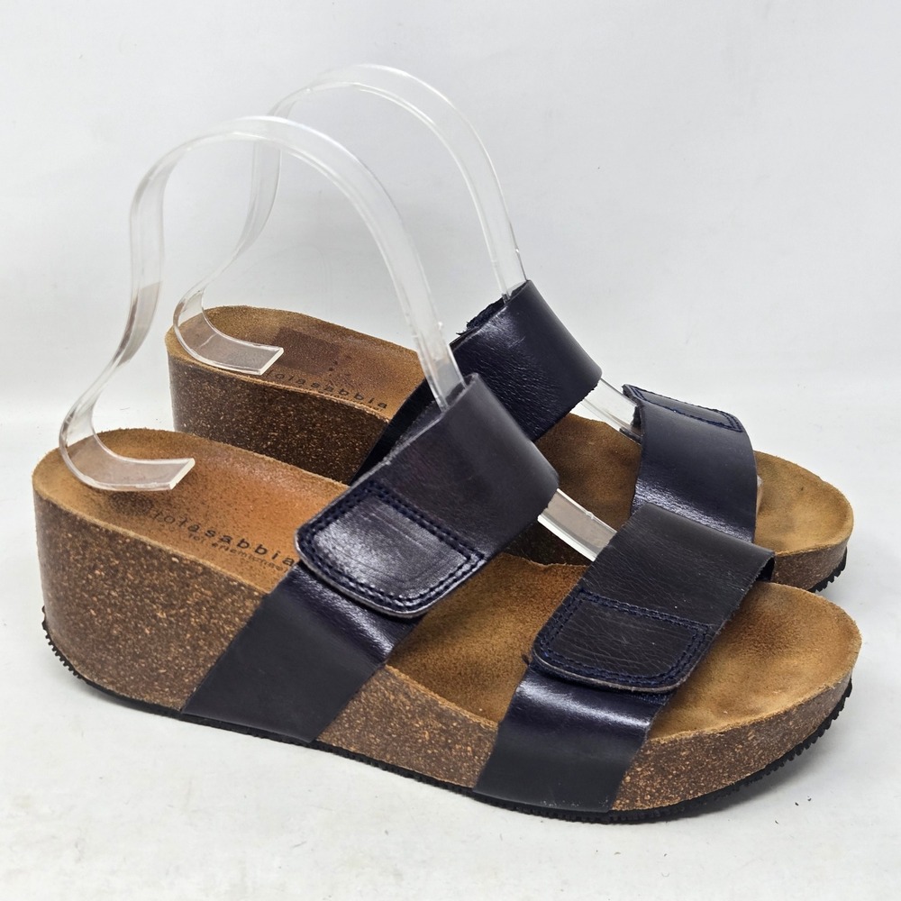 Lola Sabbia Eric Michael Navy Blue Leather Cork Wedge Platform Sandals Size 39